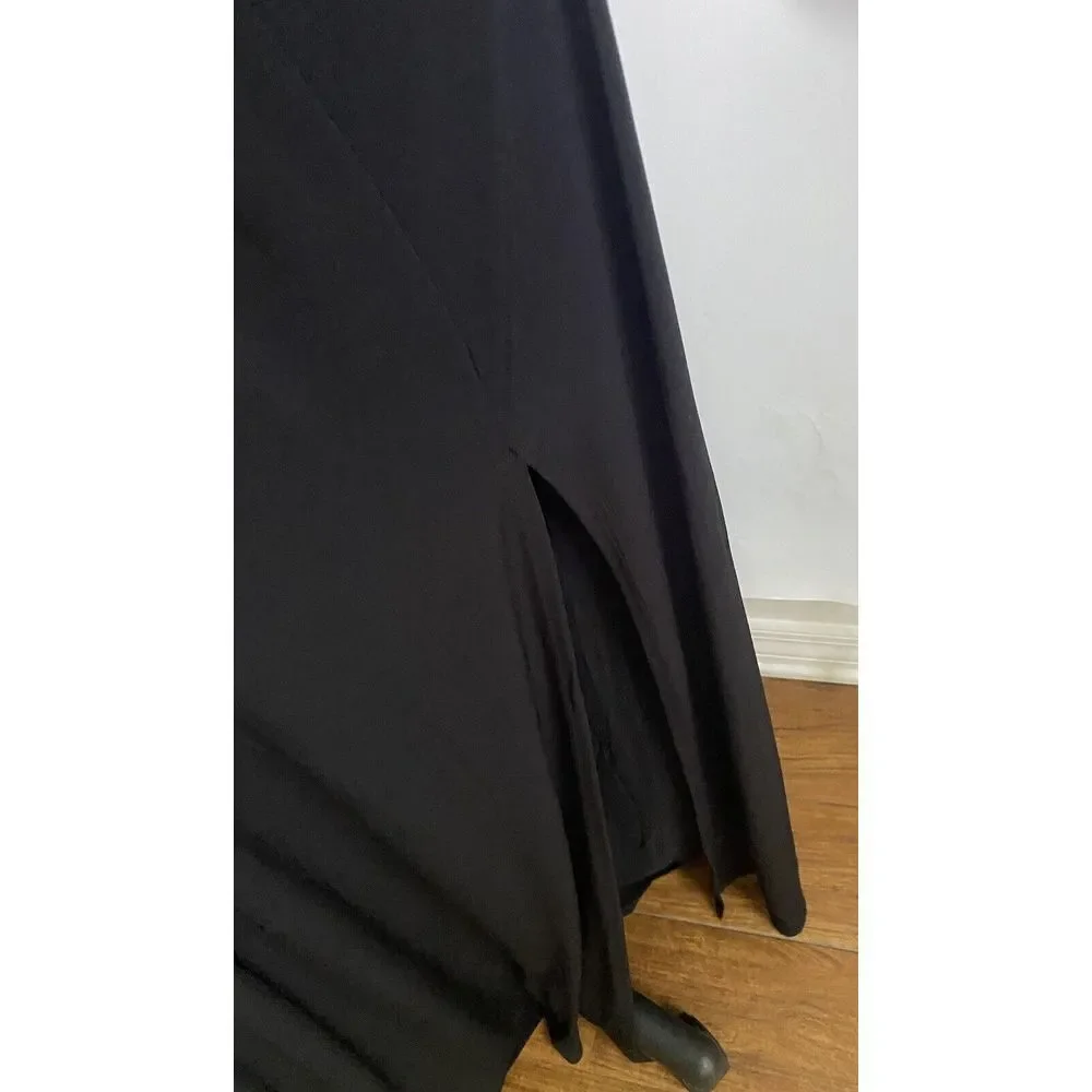 BCBGeneration V Neck Belted Black Maxi‎ Dress XS Front Slit Open Back 58